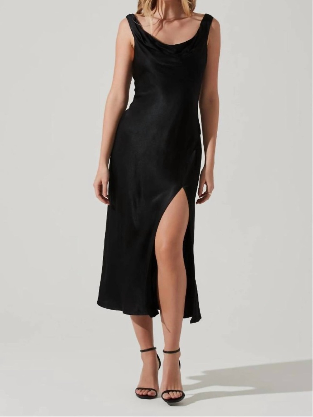 Astr Cristella Black Midi Slip Dress with Cowl Neck and High Slit